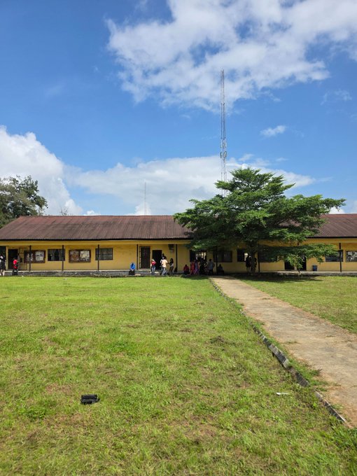 A photograph of a yellow school building with a rusty metal roof under a partly cloudy blue sky, featuring a tall communications tower rising behind a large green tree, with a grassy field and pathway in the foreground.