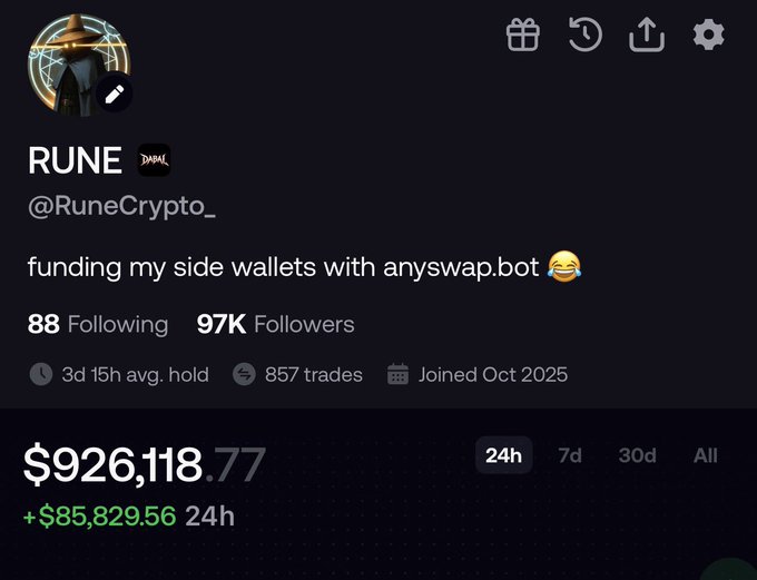 A social media profile screenshot shows the account 'RUNE' (@RuneCrypto_) with the bio 'funding my side wallets with anyswap.bot', 97K followers, and a portfolio value of $926,118.77 with +$85,829.56 in 24h.
