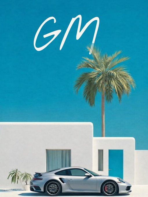 A stylized image showing a silver Porsche sports car parked in front of a white Mediterranean-style building with a blue door, a palm tree, and a bright blue sky, with "GM" written in white handwritten-style text at the top.