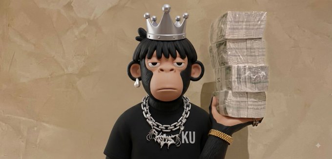A 3D-rendered monkey wearing a silver crown, diamond earrings, and a gold chain holds a large stack of cash against a beige wall, wearing a shirt that reads "KRSKU." The image satirizes the spending dilemma in the post by personifying the $10,000 marketing budget as a "crowned ape" holding the money, playfully suggesting that choosing how to spend it on Web3 promotion is a gamble—whichever route you pick (KOLs, ads, creators, etc.), you're essentially a monkey clutching a bundle of cash hoping it pays off.