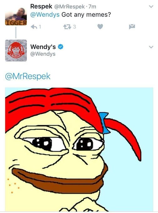 The image features a cartoon of a frog wearing a red bandana, with a caption that reads "$wen could be huge the only meme wendys ever posted is $PEPEWEN OG CAiHaJS6BYQ7jXmpUyp9a1rysbdXwfhGstKpx9KbBEqC". The post seems to be about a meme or joke related to Wendy's, and it includes a reference to the Twitter account @Respek.