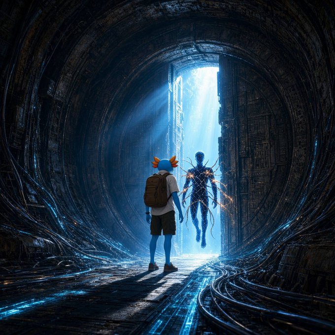 A blue-skinned, orange-haired humanoid figure wearing a backpack stands in a dark, tunnel-like structure, facing a glowing, multi-limbed creature bathed in blue light from a doorway.