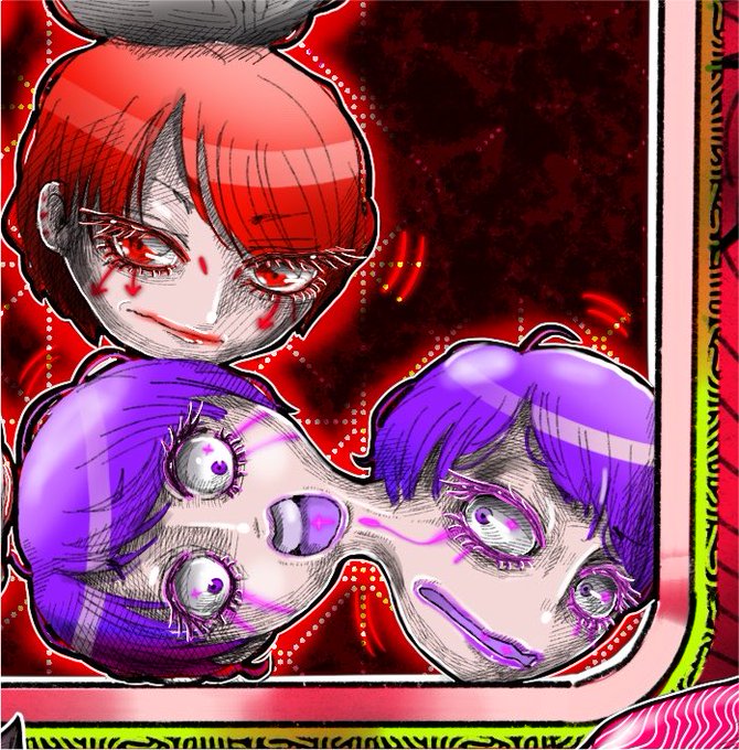 An anime-style digital illustration depicts a red-haired female character and a purple-haired male character with wide, intense eyes against a dark red patterned background.