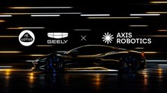 A promotional banner showing a sleek dark sports car with logos for 'PROTON', 'GEELY', and 'AXIS ROBOTICS' against a dark background with motion lines.