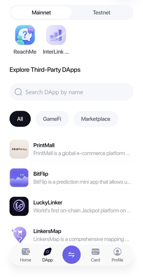 The image shows a mobile app interface with a "Mainnet/Testnet" toggle at the top, featuring apps like "ReachMe" and "InterLink," followed by an "Explore Third-Party DApps" section with a search bar and category filters ("All," "GameFi," "Marketplace"). Listed DApps include "PrintMall" (an e-commerce platform), "BitFlip" (a prediction mini app), "LuckyLinker" (a Jackpot platform), and "LinkersMap" (a mapping service), with a bottom navigation bar containing Home, DApp, Card, and Profile tabs. The image relates to the post by displaying the LinkersMap DApp, which ties into the $ITLG free mining promotion ending before the Open Mainnet launch in 2027, emphasizing the urgency to accumulate tokens now.