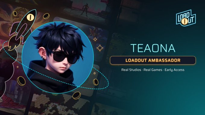 The image is a promotional graphic featuring an anime-style character with black hair and sunglasses, identified as "TEAONA" who is now a "LOADOUT AMBASSADOR" for Loadout, with the tagline "Real Studios · Real Games · Early Access." This visual supports the announcement of joining Loadout Protocol, an ecosystem that provides gamers early access to indie games while funding their development, as mentioned in the accompanying post with the link app.loadout.xyz/?r=Teaona.
