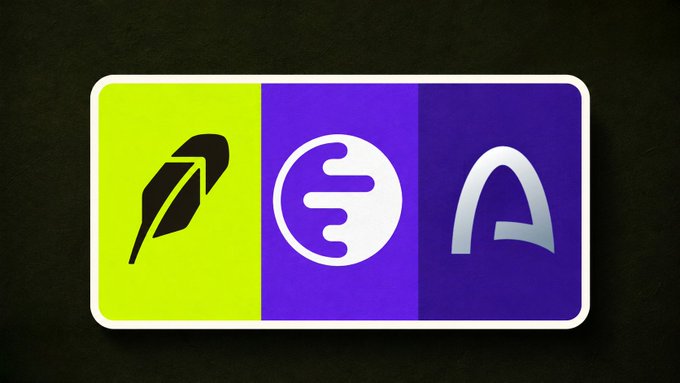 A row of three digital app icons: a quill/pen logo on yellow-green, an 'S' logo on purple, and an 'A' logo on dark purple.
