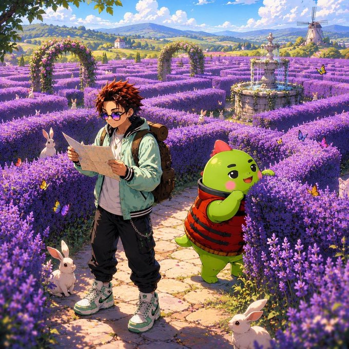 An anime-style illustration of a young man with a backpack and map standing in a purple lavender maze alongside a cute green dinosaur character, with rabbits and butterflies scattered around.
