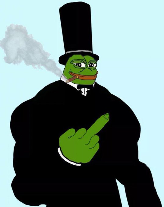 A drawing of Pepe the Frog dressed as a gentleman in a black suit and top hat, smoking a cigar with a smug expression while gesturing with his finger.