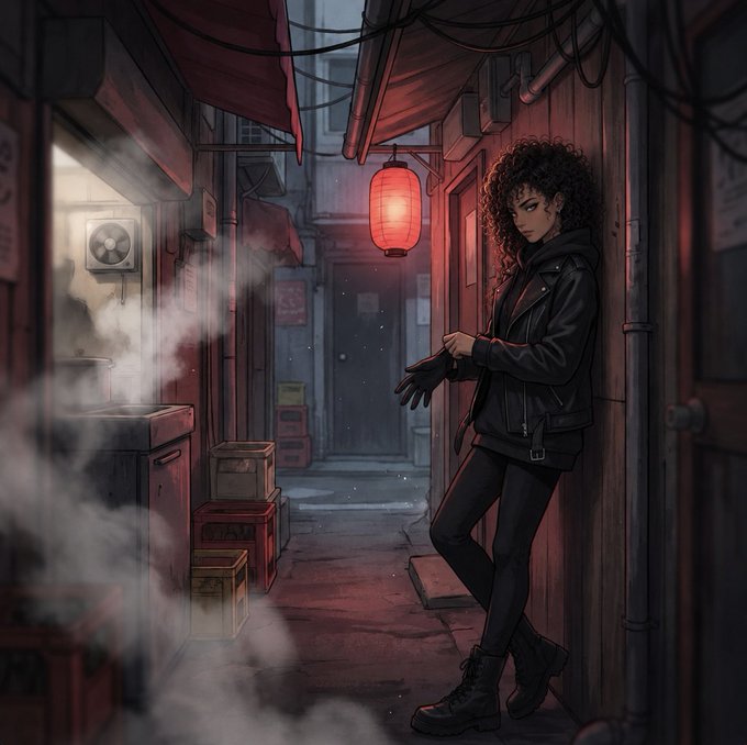 An anime-style illustration of a woman with curly hair in a black leather jacket standing in a dimly lit alleyway with a red lantern, surrounded by steam and stacked crates.