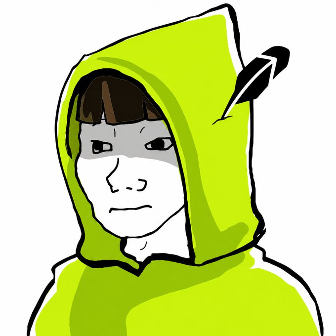 A crudely drawn cartoon character wearing a bright green Robin Hood-style hood with a feather, depicted in a meme-style "soyjak" or "NPC wojak" aesthetic, is being used as profile picture art for a crypto airdrop campaign promoting the $HOODIE token on the Robin Hood chain.