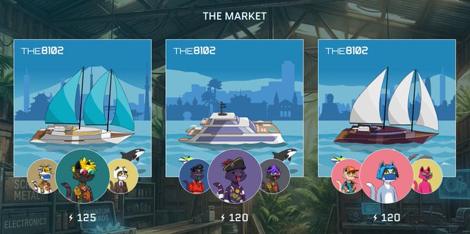 Marketplace interface titled 'THE MARKET' displaying three boat items priced at 125 and 120 currency units with pixel art character previews.