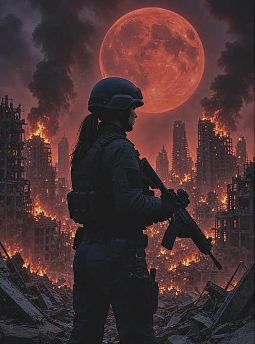 A lone soldier in tactical gear stands amid burning ruins beneath a massive blood-red moon, surveying the destruction of a fallen cityscape. The image visually amplifies the post's theme of a silent, systemic collapse—mirroring the "quiet switch" being flipped as old financial systems are archived and a new, uncertain world order emerges from the ashes.