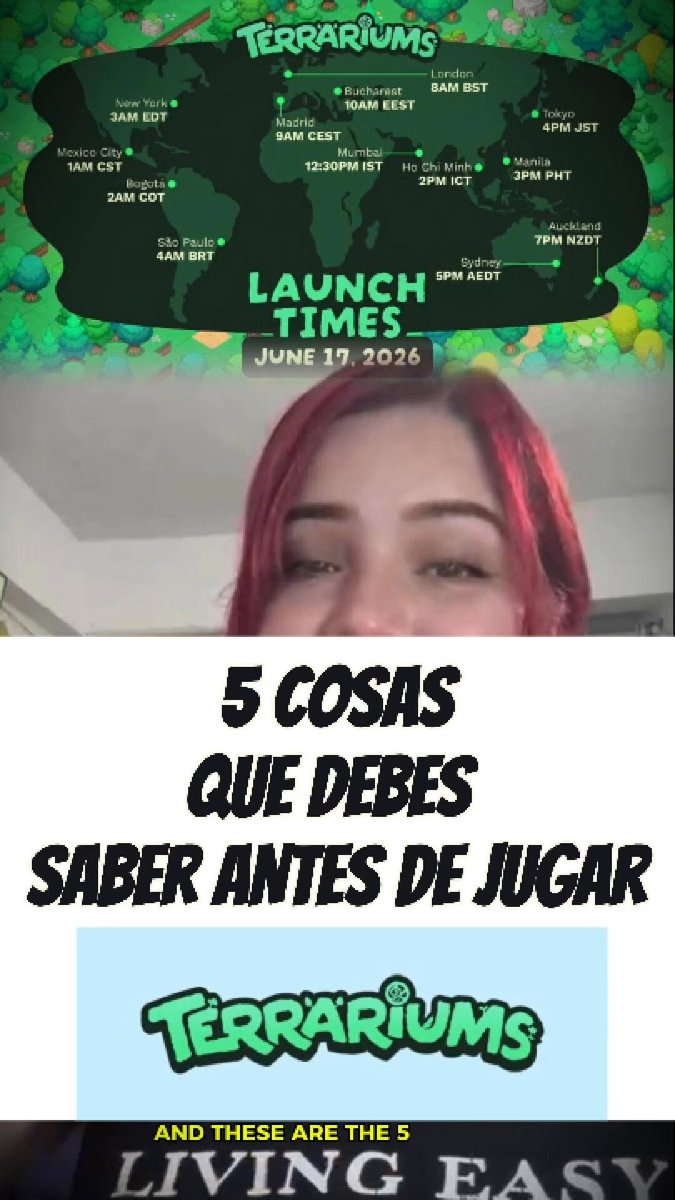 The image features a poster or advertisement that includes a photo of a woman's face wearing a red wig, along with text written in Spanish about a video game called Terrariums. The poster also contains information about the game, such as its title, release date, and launch time. Additionally, there is a quote from the game's creator, which reads "And these are the 5 things you need to know before jumping in".
