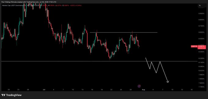 A chart shows USDT Dominance trending downwards, which is "brilliant for Bitcoin Ethereum" according to the post. The chart displays a current USDT Dominance of 8.381% on July 30, 2020.