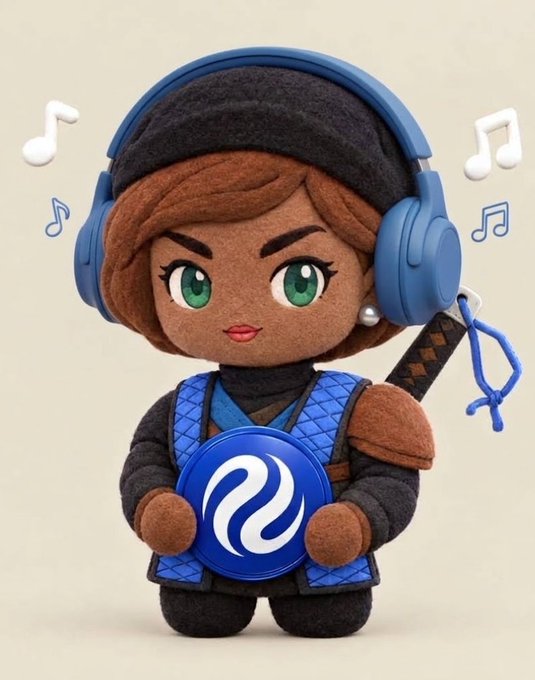 A 3D-rendered cartoon character with brown hair, green eyes, and blue headphones holds a blue disc with a white wave logo, surrounded by musical notes.