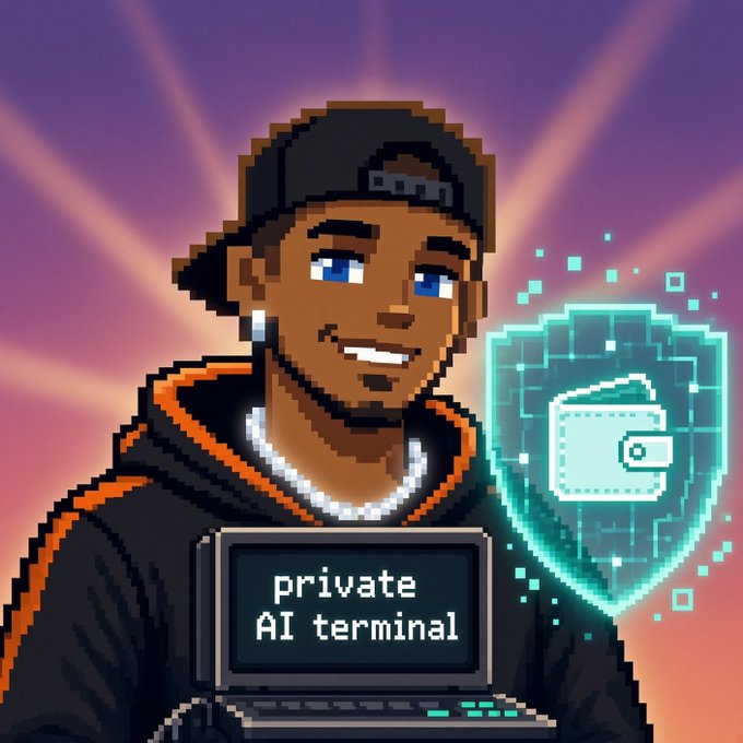 A pixel art illustration of a smiling young man wearing a backwards cap and hoodie, holding a laptop labeled 'private AI terminal', with a glowing teal wallet icon shield beside him against a sunset background.