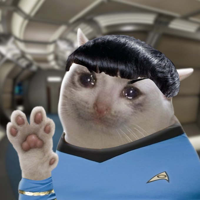 A photoshopped image shows a white cat with a dark human-like hairpiece, wearing a blue Star Trek uniform and raising its paw in the Vulcan salute against a blurred spaceship corridor background.