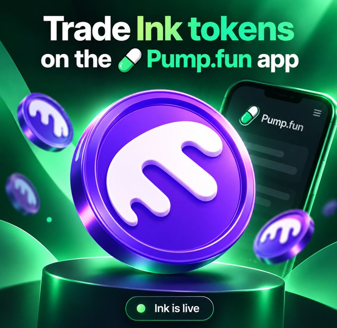 A promotional graphic featuring a large purple Ink token coin displayed on a green pedestal alongside a smartphone showing the Pump.fun app, with the headline "Trade Ink tokens on the Pump.fun app" and a status badge reading "Ink is live." The visual reinforces the post's announcement that Ink chain token has launched on Pump.fun, emphasizing its instant USDC trading accessibility and live availability.