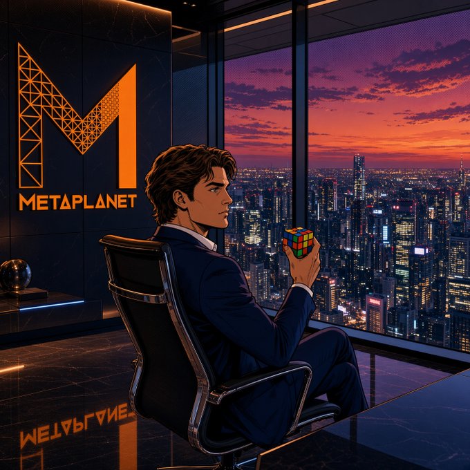 The illustration depicts a man in a suit holding a Rubik's cube while seated in a modern office overlooking a sunset cityscape, with a large "METAPLANET" logo displayed on the wall behind him. The image serves as a stylized visual representation of the Bitcoin Asia panel discussion, symbolizing the strategic puzzle-solving and institutional yield generation mentioned in the accompanying text.