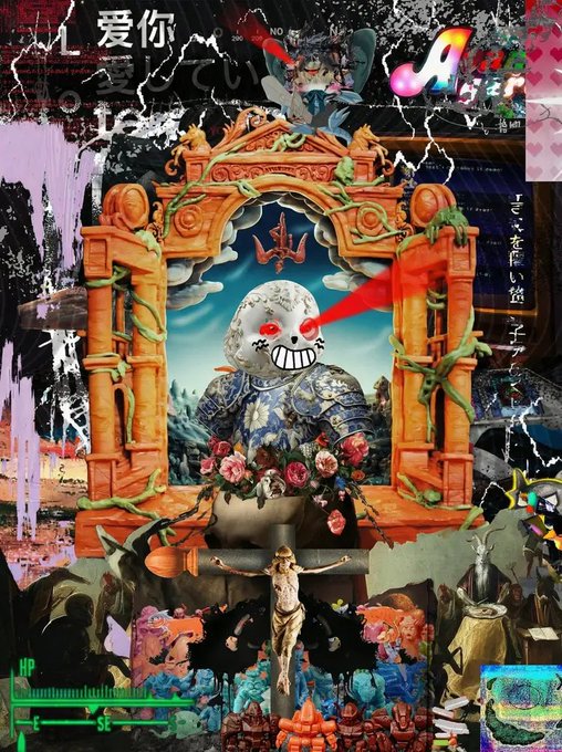 A chaotic digital collage features a central figure resembling the Moon from Majora's Mask with a red laser eye, surrounded by ornate frames, flowers, and various cut-out images including Japanese text and 'I love you' in Chinese (爱你).