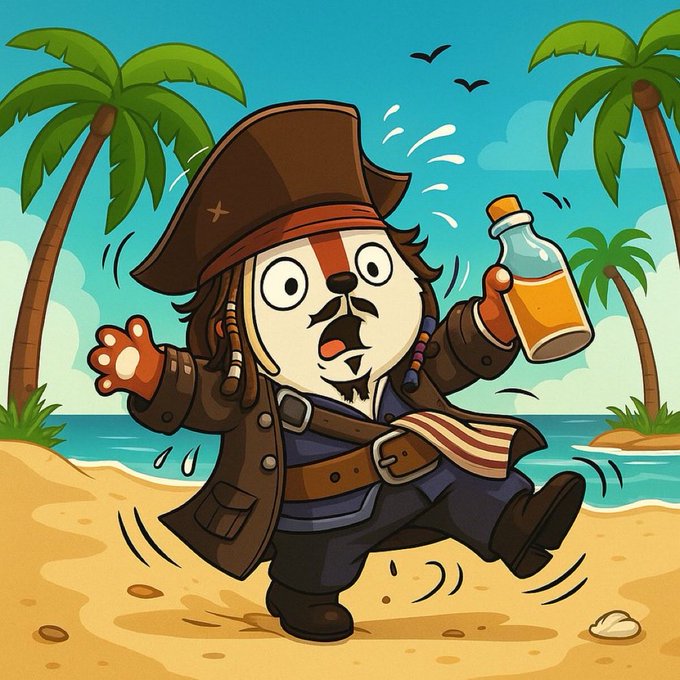 A cartoon-style illustration of a pirate-like character with a dog face, tricorn hat, and brown coat running on a tropical beach while holding a bottle of orange liquid.