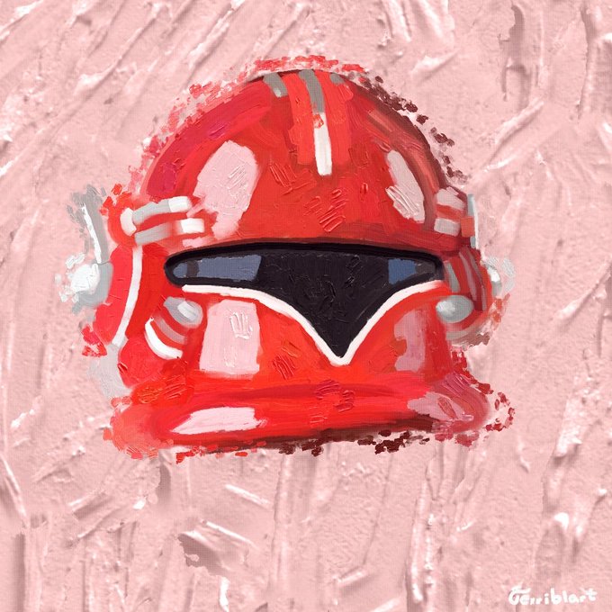A painterly digital artwork features a glossy red Clone Trooper helmet from Star Wars rendered with thick impasto-style brushstrokes against a textured pink background, with the artist signature "Gmribart" in the bottom right corner, tying into the post's "Gm" greeting as a playful nod to the clone trooper aesthetic while wishing a "Happy Monday!"
