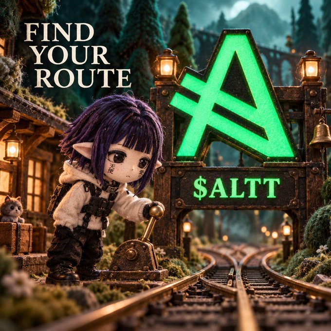 A chibi-style elf character with purple hair stands beside railway tracks next to a glowing green 'ALTT' sign that reads '$ALTT', with 'FIND YOUR ROUTE' displayed prominently.