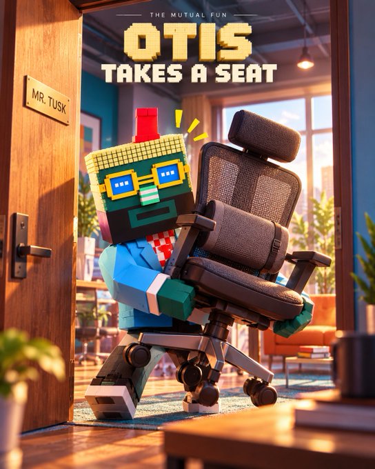 A 3D-rendered illustration shows a blocky robot character carrying an office chair through an office doorway, with text reading "THE MUTUAL FUN OTIS TAKES A SEAT" and "MR. TUSK" on a nameplate.