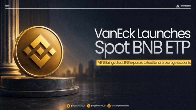 The image shows a screenshot from a website advertising VanEck's VanEck Launches Spot BNB ETP for traditional market access, where VanEck has introduced VBNB as the first exchange-traded product offering direct spot exposure to BNB. The focus of the image is on the circular logo or image of the coin placed on top of a marble table and the post that provides more information about this new financial tool.