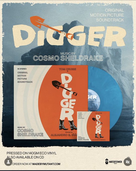 An advertisement for the 'DUGGER' original motion picture soundtrack by Cosmo Sheldrake, featuring vinyl record and CD products with poster art by Alessandro C. Maia, available for order at madbymutant.com.