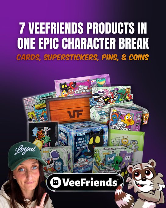 The image is a vibrant promotional graphic with a purple background featuring the text "7 VEEFRIENDS PRODUCTS IN ONE EPIC CHARACTER BREAK - CARDS, SUPERSTICKERS, PINS, & COINS." It showcases a stack of colorful Veefriends Topps Chrome boxes, including series 1 and 2, along with various collectible boxes, alongside a woman wearing a green "Loyal" cap and the Veefriends logo featuring a raccoon mascot at the bottom.

This image directly illustrates the accompanying post by visually representing the variety of Veefriends collectibles mentioned (cards, superstickers, pins, and coins), highlighting the seven products featured in the "Veefriends Mixer Break" and complementing the specific items listed like the sticker boxes, series 2 box, and Topps Chrome products.
