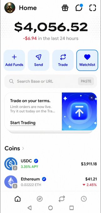 A cryptocurrency wallet screenshot displays a balance of $4,056.52, down $6.94 in the last 24 hours, showing holdings in USDC ($3,911.18) and Ethereum ($41.21, -2.45%).