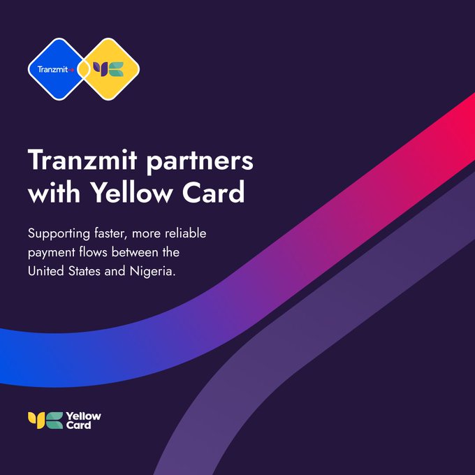 A promotional graphic announces 'Tranzmit partners with Yellow Card' supporting faster payment flows between the United States and Nigeria.