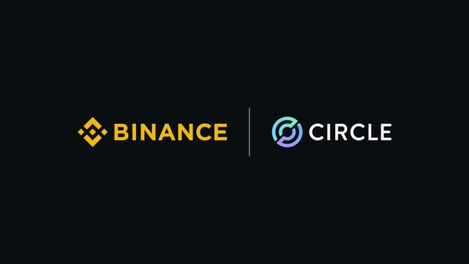 A dark background displays two company logos side by side separated by a vertical line: the yellow 'BINANCE' logo on the left and the teal and purple 'CIRCLE' logo on the right.