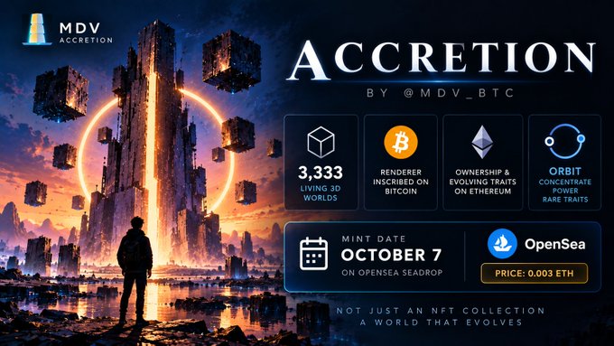 A promotional banner for an NFT collection called 'ACCRETION by @MDV_BTC' featuring 3,333 living 3D worlds, with a mint date of October 7 on OpenSea for 0.003 ETH.