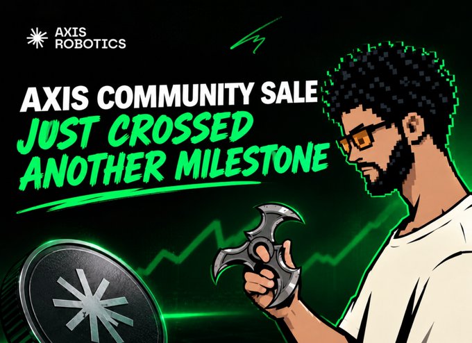 A promotional graphic for 'AXIS ROBOTICS COMMUNITY SALE' announcing they 'JUST CROSSED ANOTHER MILESTONE', featuring a pixel-art illustration of a bearded man with glasses holding a shuriken next to a coin.