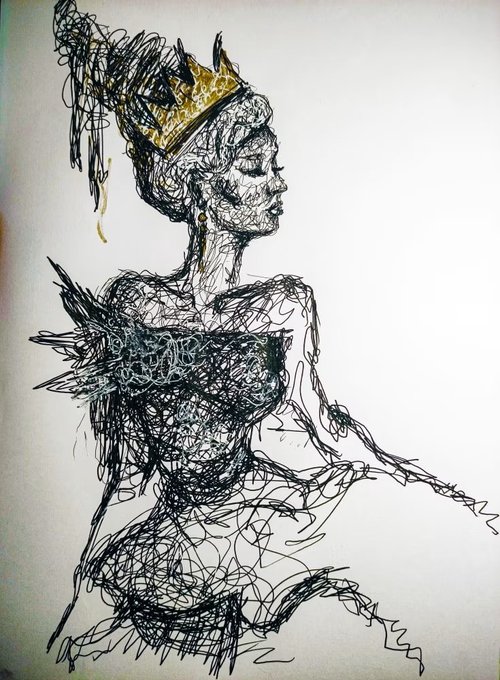 A chaotic, scribbled ink drawing depicts a figure wearing a golden crown, with tangled black lines forming the body and a detailed face in profile.
