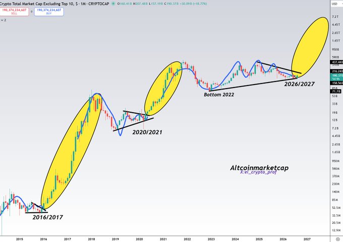 A monthly chart of the "Crypto Total Market Cap Excluding Top 10, S - 1M - CRYPTOCAP" ticker (currently ~$1.404T) shows historical bull cycles peaking in 2016/2017 and 2020/2021, with the analyst projecting a third major breakout by 2026/2027 to suggest altcoins have further upside ahead.