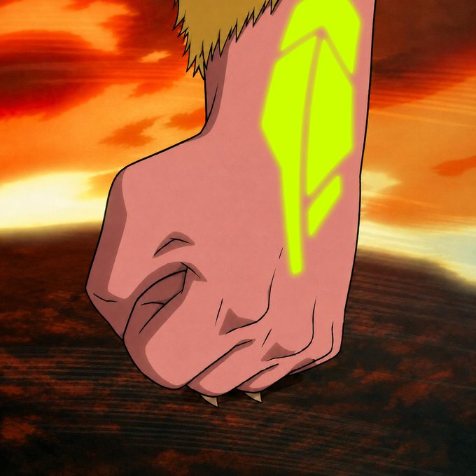 A clenched fist with a glowing green leaf symbol on the wrist is raised against a fiery sunset sky, suggesting a powerful symbol of determination or unity tied to the "this feels important" sentiment.