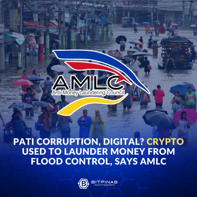 A news graphic from BitPinas featuring the AMLC (Anti-Money Laundering Council) logo over an image of people wading through a flooded street, with the headline 'PATI CORRUPTION, DIGITAL? CRYPTO USED TO LAUNDER MONEY FROM FLOOD CONTROL, SAYS AMLC.'