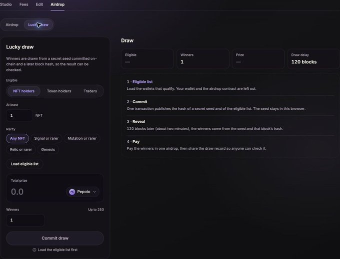 The image shows Otomate's "Lucky draw" interface, which configures an on-chain random selection with 1 winner from eligible NFT holders requiring at least 1 NFT, a draw delay of 120 blocks, and 0.0 Pepoto as the total prize, illustrating the new Lucky Draw feature mentioned in the post for rewarding the Inkintosh community.