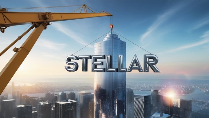 A 3D rendering showing a yellow construction crane lifting a glass skyscraper with the metallic word 'STELLAR' in front of a sunlit cityscape.