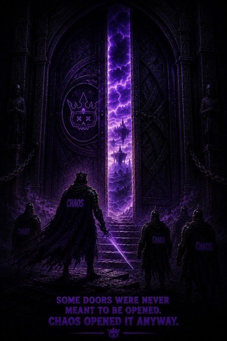 A dark fantasy illustration depicts figures labeled 'CHAOS' on their cloaks standing before a large open doorway revealing a floating castle and purple lightning, with the text 'SOME DOORS WERE NEVER MEANT TO BE OPENED. CHAOS OPENED IT ANYWAY.'