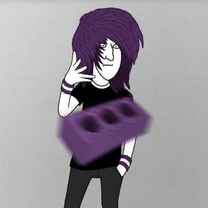 A 2D illustration of a character with shaggy purple hair wearing a black t-shirt and dark pants, holding up a hand and what appears to be a purple brick-like object.