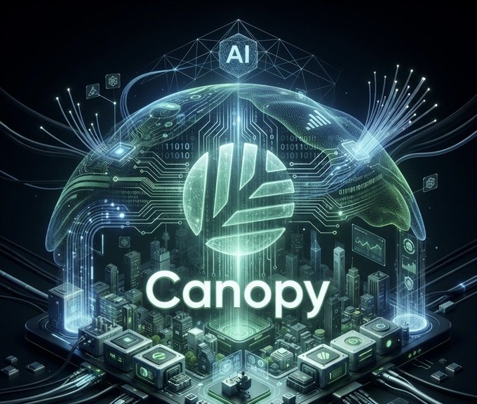 A futuristic digital art piece titled 'Canopy' featuring an AI-themed holographic shield over a glowing green cityscape, with circuitry and data streams, labeled 'AI' at the top.