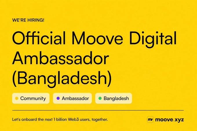 A yellow job listing poster for "Official Moove Digital Ambassador (Bangladesh)" with tags for Community, Ambassador, and Bangladesh.