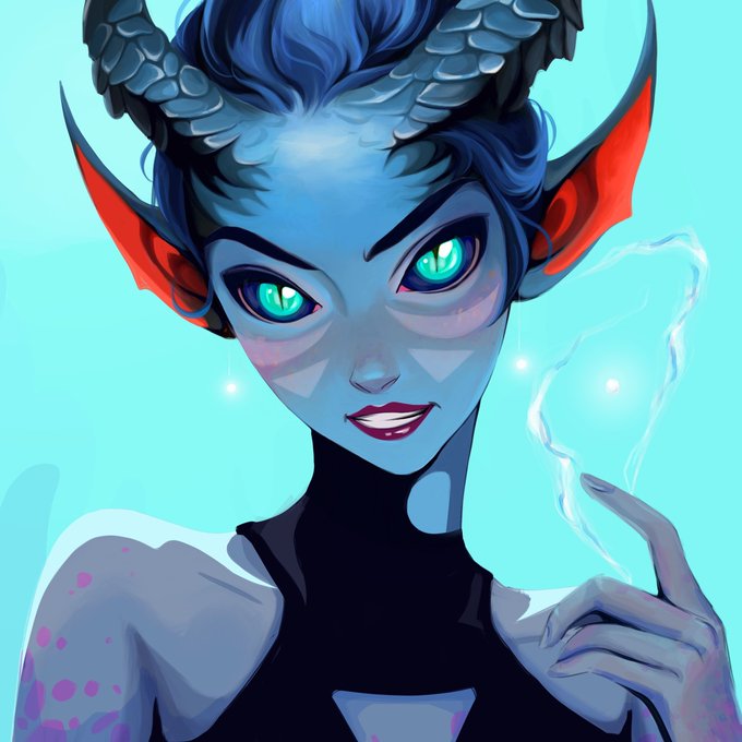 Digital art illustration of a fantasy character with blue skin, horns, pointed ears, and teal eyes, wearing a black top and conjuring a swirl of glowing blue magic from her hand.