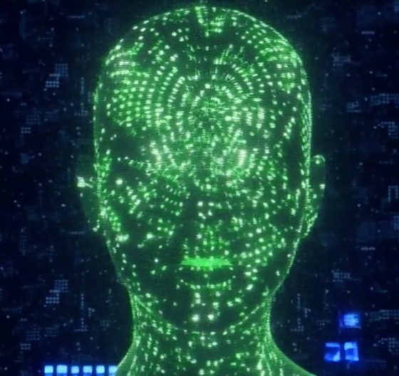 A glowing green digital humanoid face composed of circuit-like patterns appears against a dark blue tech background, evoking AI or virtual reality themes. The vibrant green illumination visually reinforces the post's wordplay on "green" as both a color and a financial/market slang term for profit or gains, with the "7" visible in the corner resembling a stock ticker or chart indicator.