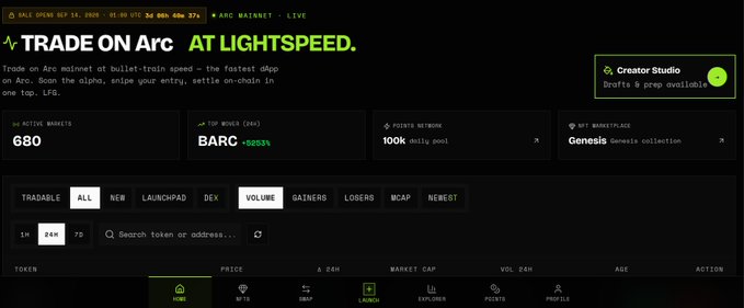 Screenshot of the Arc Wallet homepage with the tagline 'TRADE ON Arc AT LIGHTSPEED', showing 680 active markets, top mover BARC +6283%, and $100K utility pool.